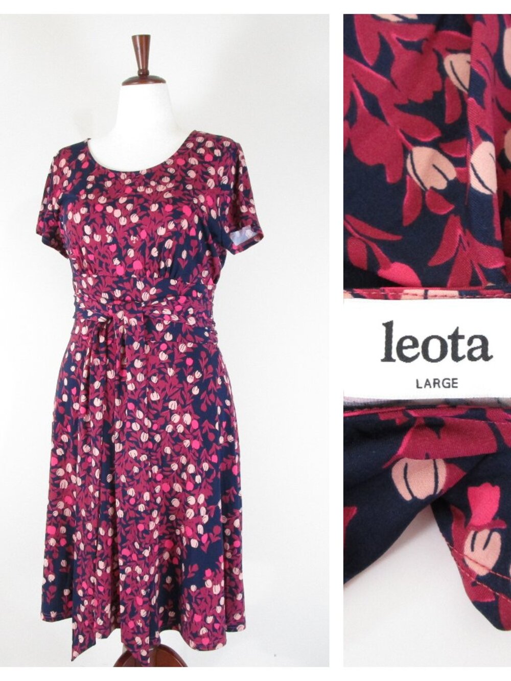 Leota Womens Pink Rose Floral A-line Jersey Tie Belt Short Sleeve Dress Size L